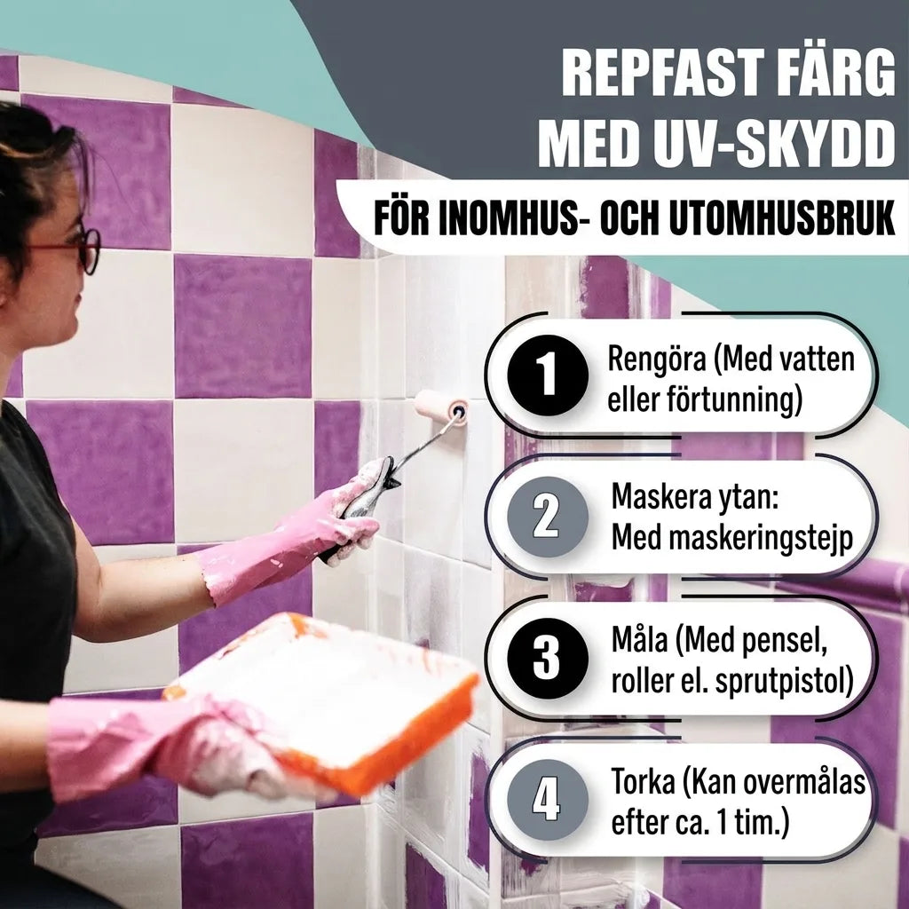 Kvinna målar kakel med reptålig UV-skyddsfärg. Steg-för-steg instruktioner för inom- & utomhusbruk.