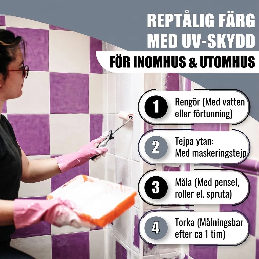 Kvinna målar kakel med repfast färg. Instruktioner för UV-skyddad färg för inom- & utomhusbruk.