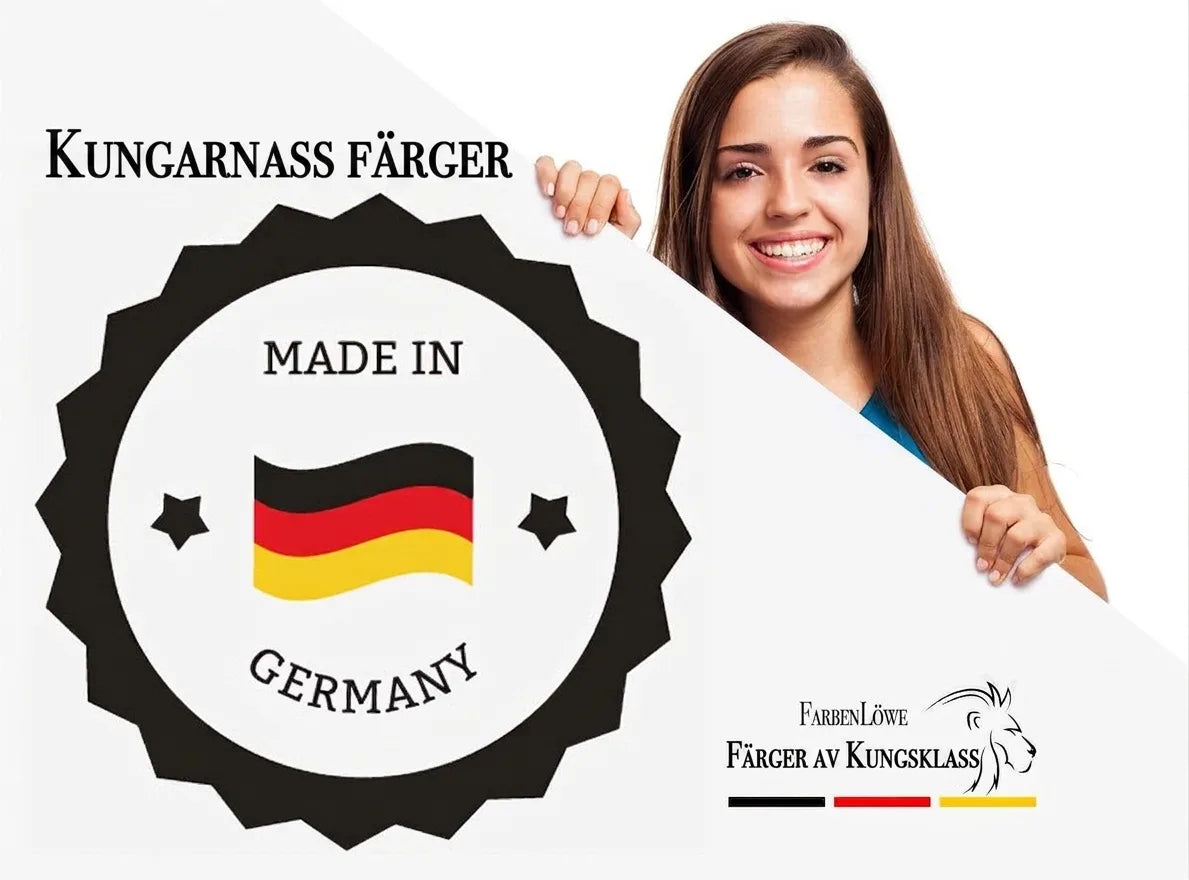 Kvinna med 'Made in Germany'-märke och FarbenLöwe 'Färger av kunglig klass' logotyp för tyska färger.