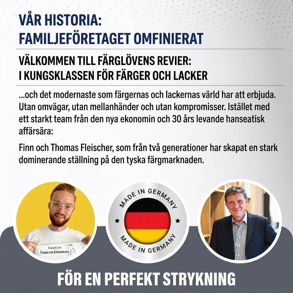 Tysk marknadsföringsgrafik om familjeföretaget Farbenlöwe. Två grundare, 'Made in Germany', färger & lacker.