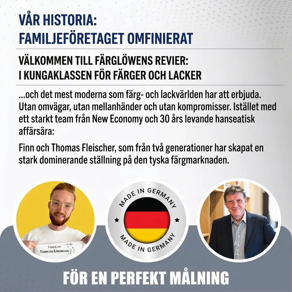 Bild på två män, text om Farbenlöwe, ett tyskt familjeföretag inom färg och lack. 'Made in Germany'.