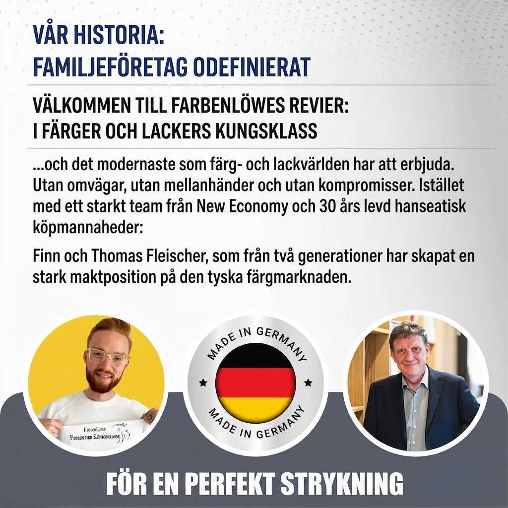 Två män, text om tyskt familjeföretag Farbenlöwe, färger och lacker, "Made in Germany"-logga.