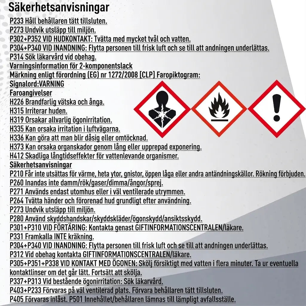 Säkerhetsanvisningar för kemikalier, inklusive faropiktogram och åtgärder vid exponering.