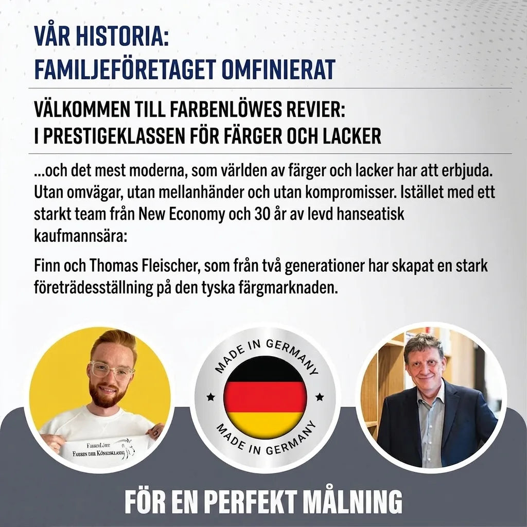 Bild på två män, Made in Germany-märke och text om ett familjeföretag som omdefinierar färgteknik.
