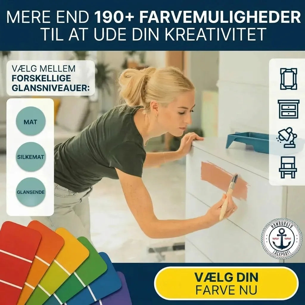 Ung kvinde maler en kommode med 190+ farver og 3 glansgrader (mat, silkemat, glansfuld) til møbler.