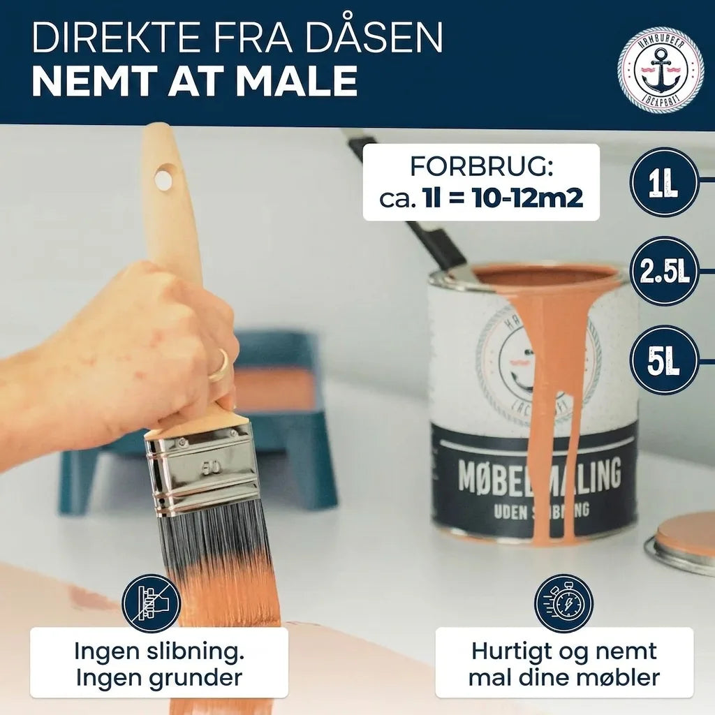 Hamburger Lackprofi møbelmaling (fersken) med pensel. 'Direkte fra dåsen, nemt at male. Ingen slibning/grunder. Forbrug: 1L=10-12m2'.