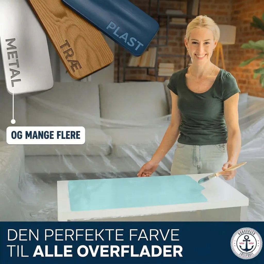 Alsidig maling til alle overflader: metal, træ, plast. Kvinde maler bord i lyseblå nuance.