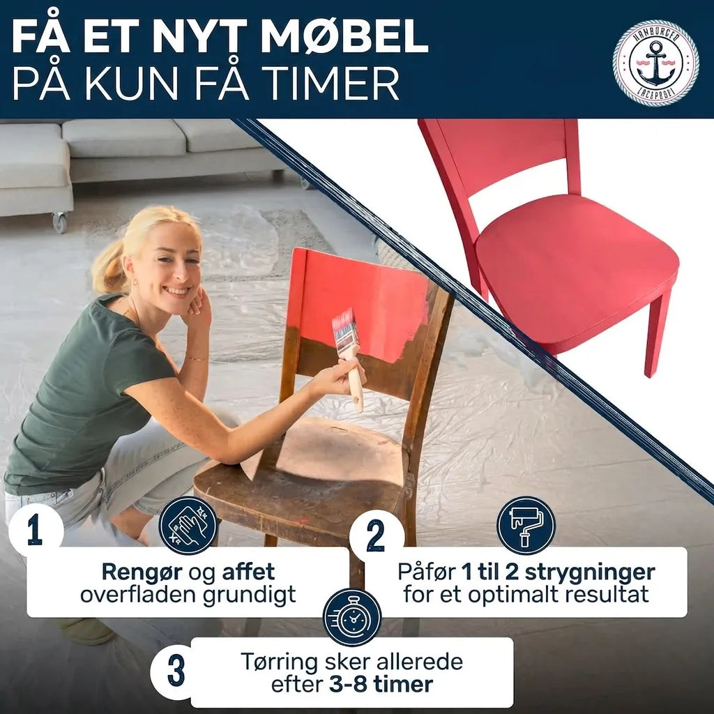 Forvandl dine møbler: En guide til at male en stol, med trin for rengøring, maling og tørretid.