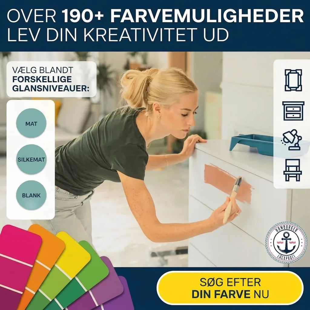 Kvinde maler kommode; 190+ farver og forskellige glansgrader (mat, silkemat, glansfuld). Vælg din farve nu.