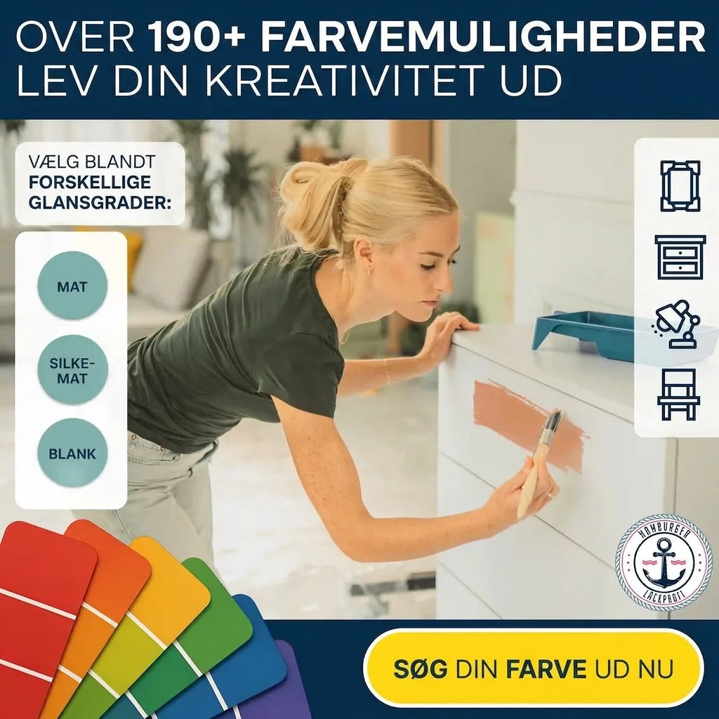 Kvinde maler kommode. Over 190 farver, flere glansgrader (mat, silkemat, glansfuld). Vælg din farve nu.