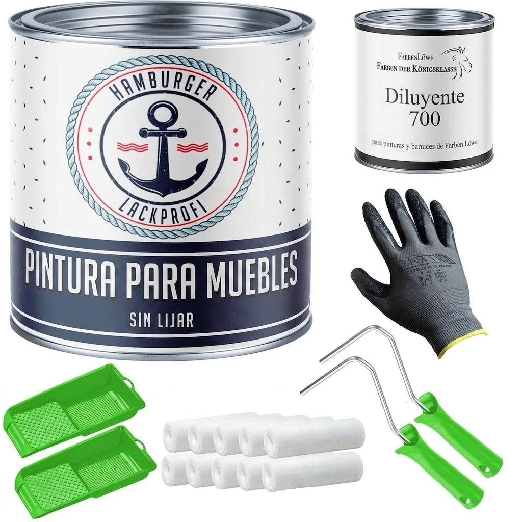 Kit de pintura para muebles con bote de pintura, diluyente, guantes, rodillos y bandejas verdes.