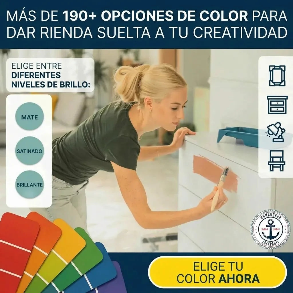 Mujer pintando cómoda. Muestra carta de 190+ colores y acabados mate, satinado y brillante.