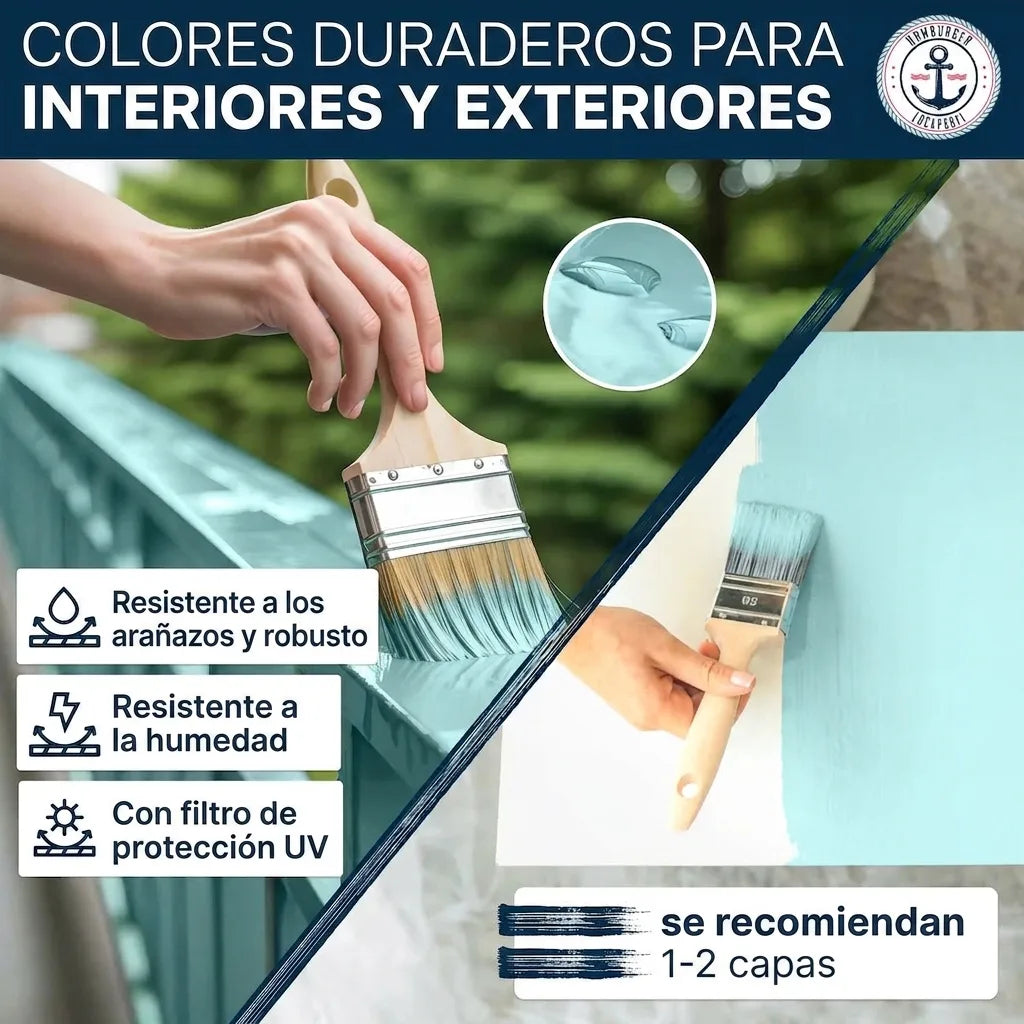 Pintura azul para interiores y exteriores. Duradera, resistente a arañazos, humedad y rayos UV. Fácil aplicación.