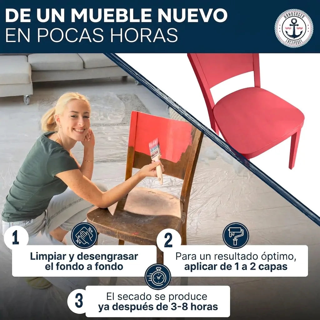 Mujer pintando una silla, mostrando el antes y después, con instrucciones paso a paso para renovar muebles.