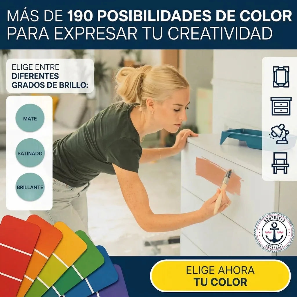 Mujer pintando un mueble, con opciones de más de 190 colores y diferentes acabados mate o brillante.