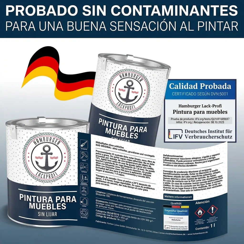 Latas de pintura para muebles sin lijar Hamburger Lack-Profi, con bandera alemana. Certificado de calidad y libre de contaminantes.