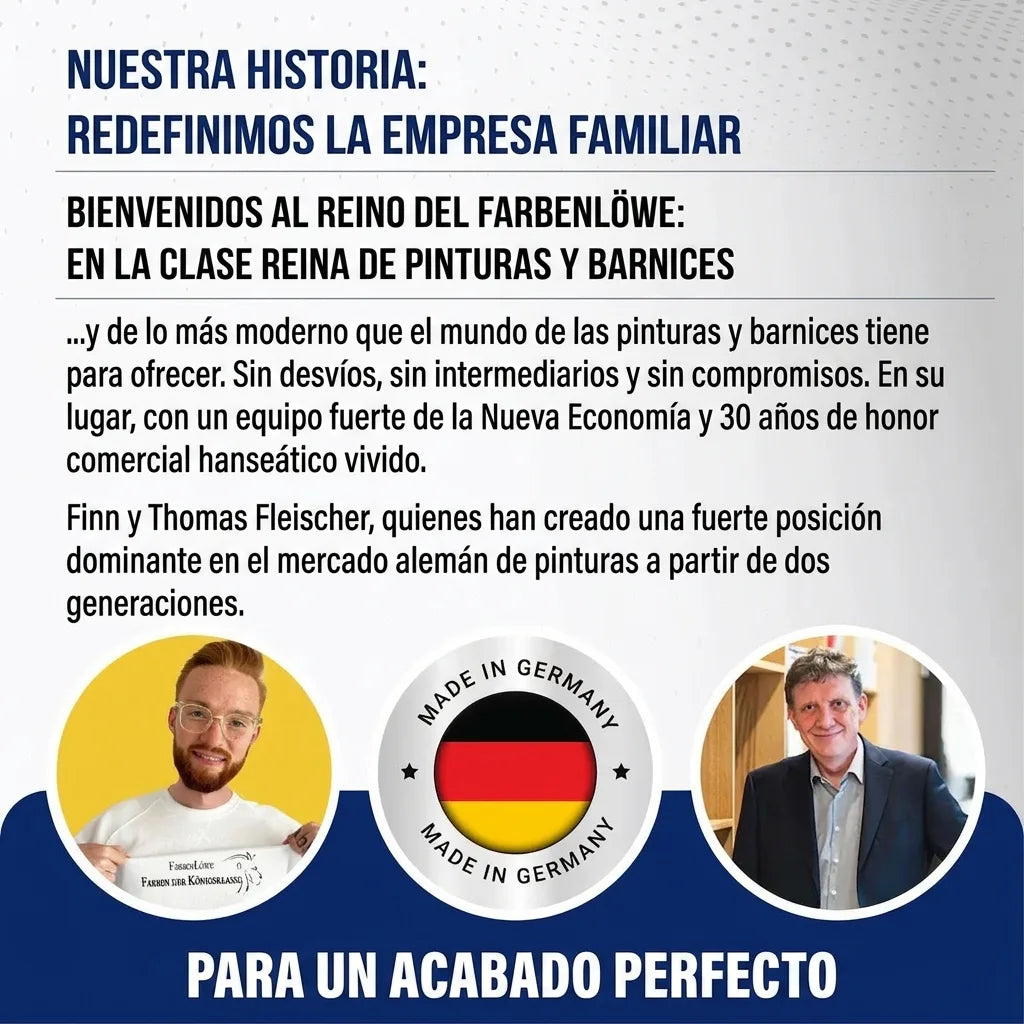 Anuncio Farbenlöwe: empresa familiar de pintura, con Finn y Thomas Fleischer y sello 'Made in Germany'.