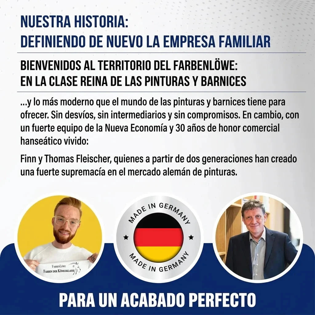 Anuncio Farbenlöwe: empresa familiar de pintura, con Finn y Thomas Fleischer y sello 'Made in Germany'.