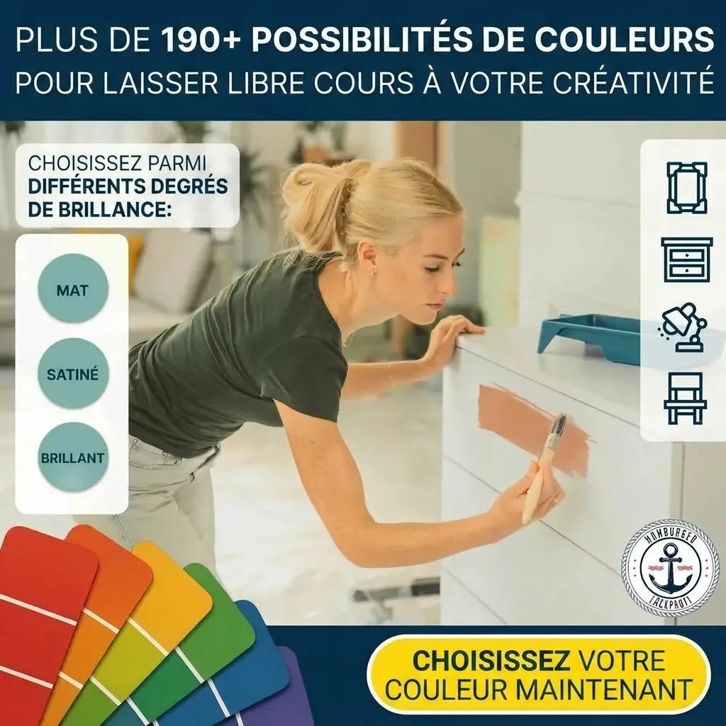 Femme peignant une commode, nuanciers de couleurs et options de finition (mat, satiné, brillant). 190+ couleurs.