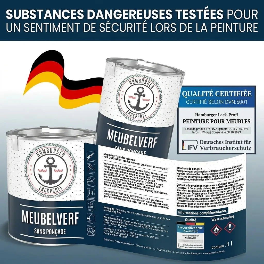 Deux pots de peinture à meubles 'Hamburger Lack-Profi' avec drapeau allemand et informations de certification.