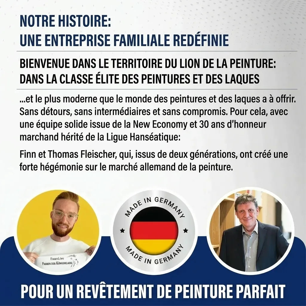 Publicité pour une entreprise familiale de peinture et de laque, avec portraits de Finn et Thomas Fleischer et badges 'Made in Germany'.