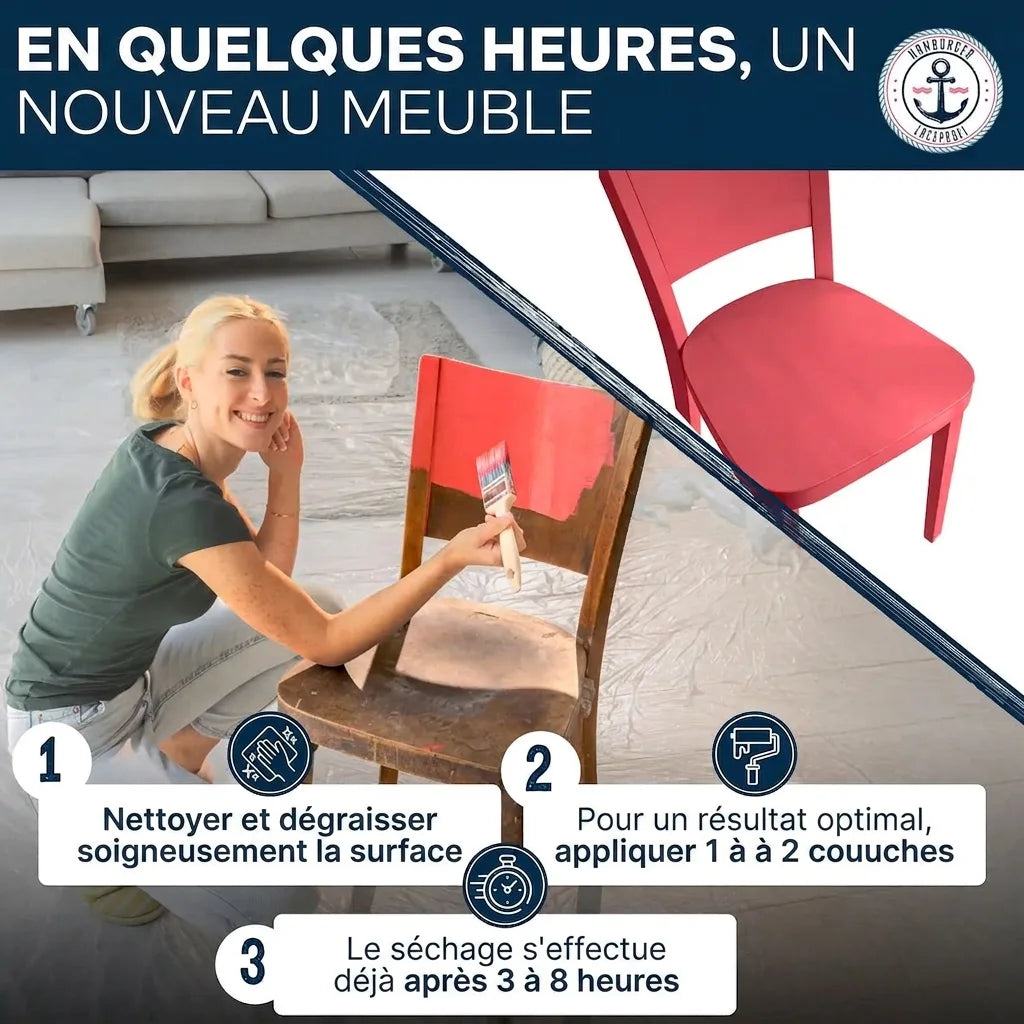 Femme peignant une chaise, montrant la transformation rapide d'un meuble. Instructions incluses.