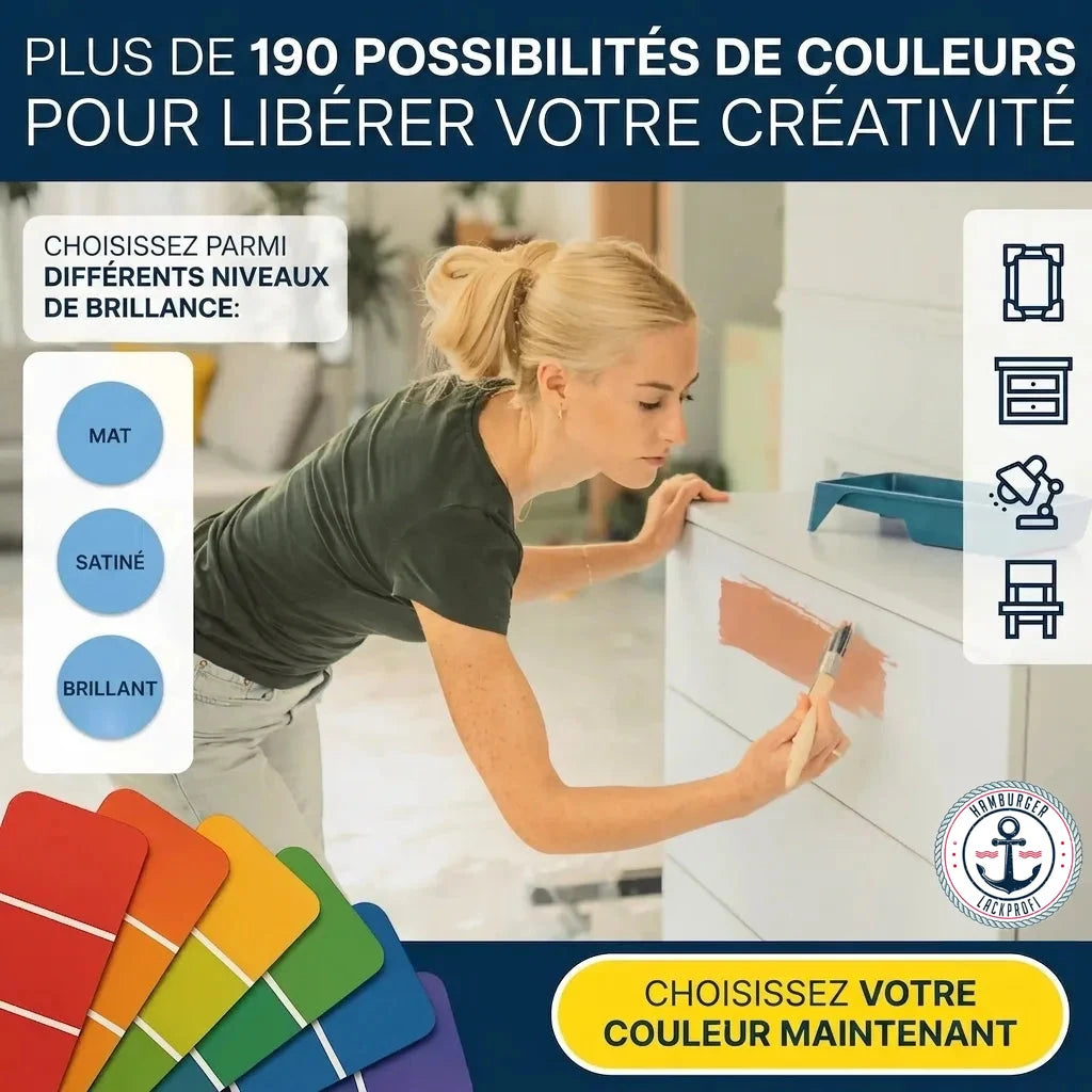 Femme peignant un meuble, offrant +190 couleurs et 3 niveaux de brillance. Choisissez votre couleur !
