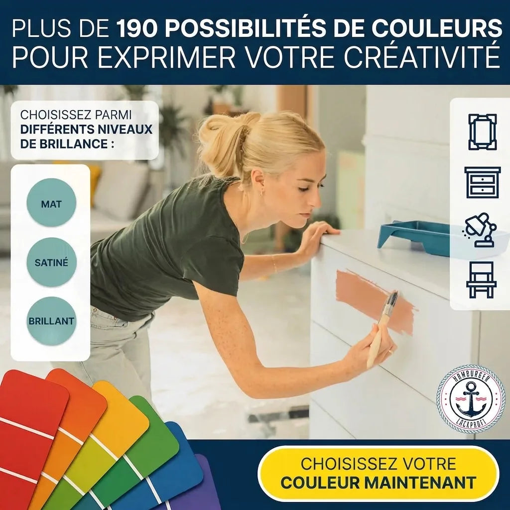 Femme peignant un meuble. Vaste choix de couleurs et finitions (mat, brillant) pour exprimer sa créativité. Plus de 190 options.