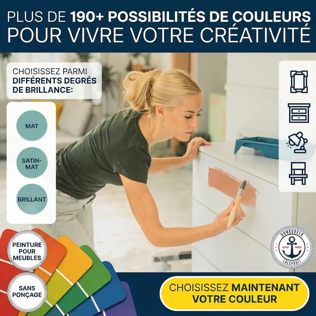 Femme peignant un meuble, offrant +190 couleurs et 3 niveaux de brillance. Choisissez votre couleur !