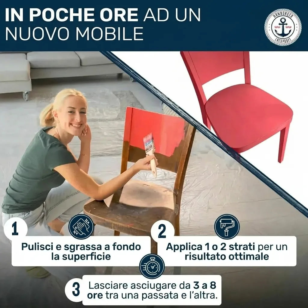 Donna che dipinge una sedia di rosso; risultato nuovo. Passi: pulizia, 1-2 strati, asciugatura 3-8h.