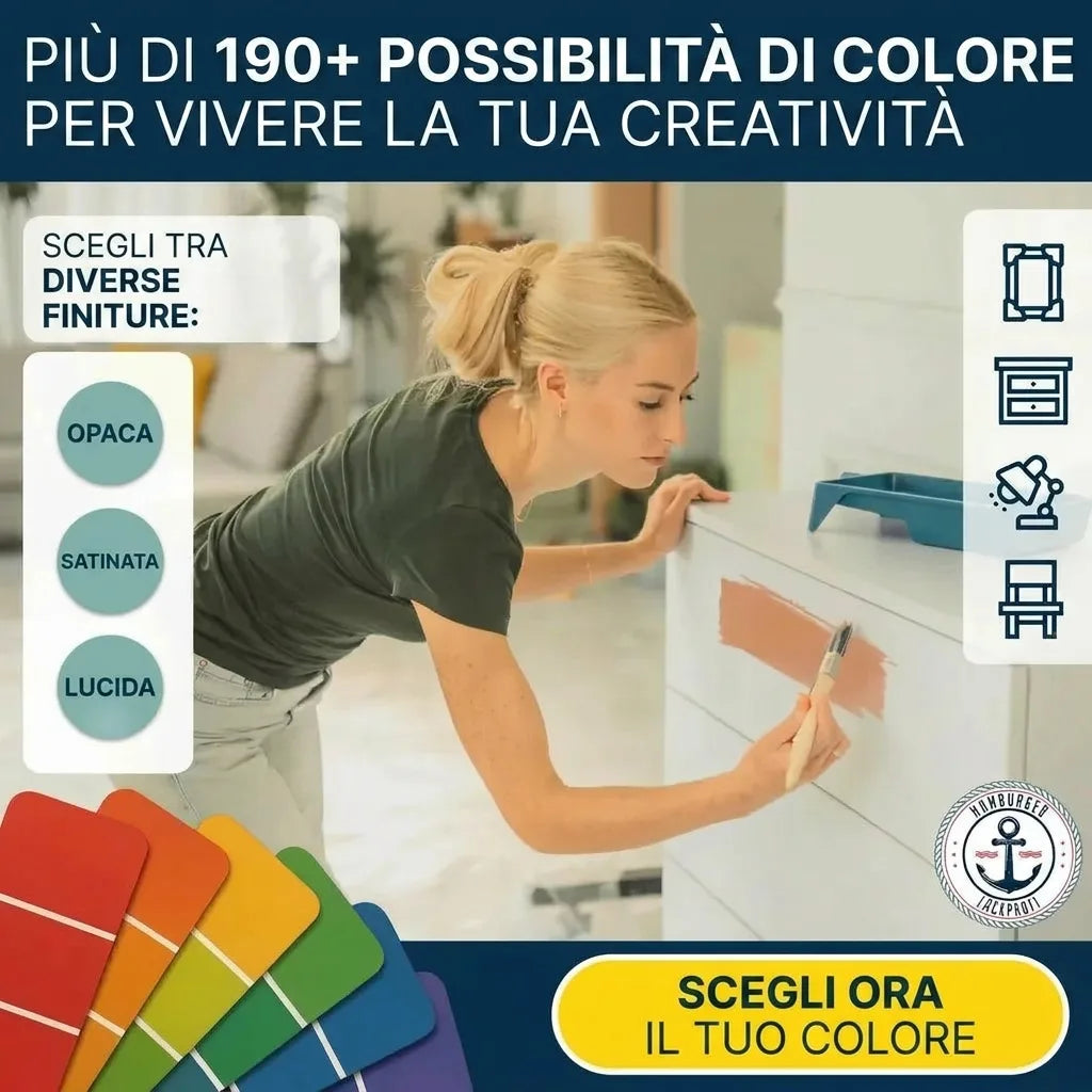 Donna dipinge un comò, scegliendo tra 190+ colori e diverse finiture (opaco, lucido) per mobili.