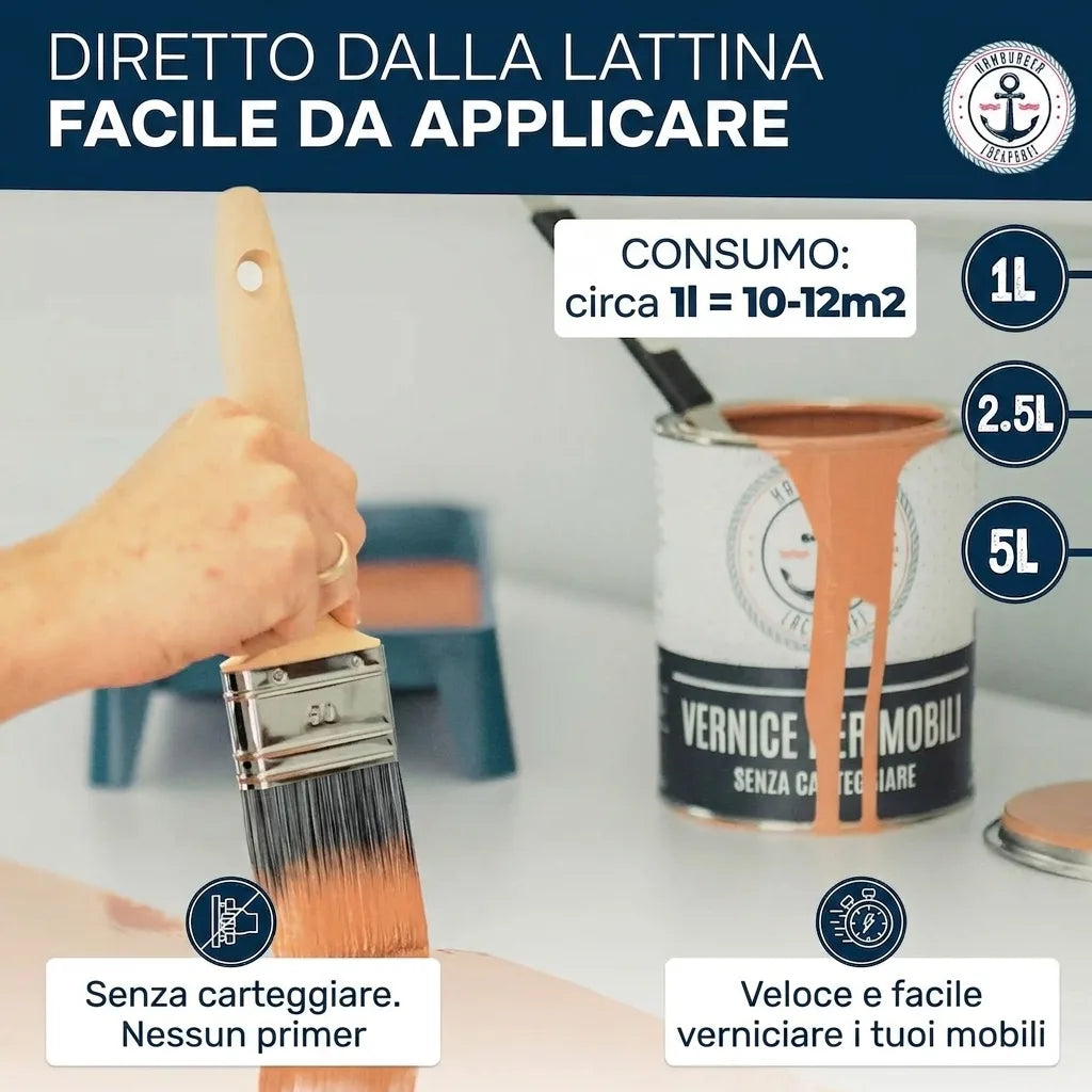 Vernice per mobili: una mano usa un pennello, mostrando la latta con dettagli su facile applicazione, consumo e formati.