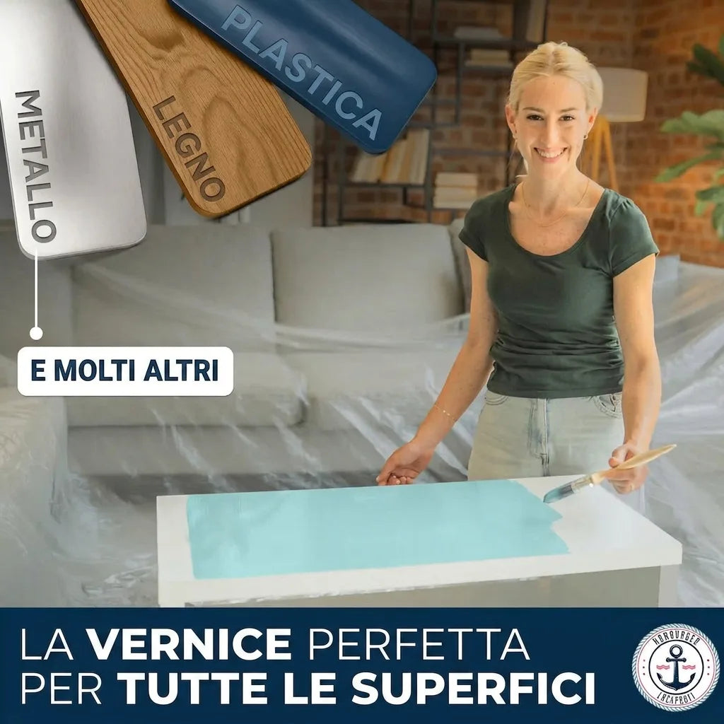 Donna sorridente dipinge un tavolo. Campioni metallo, legno, plastica. La pittura perfetta per tutte le superfici.