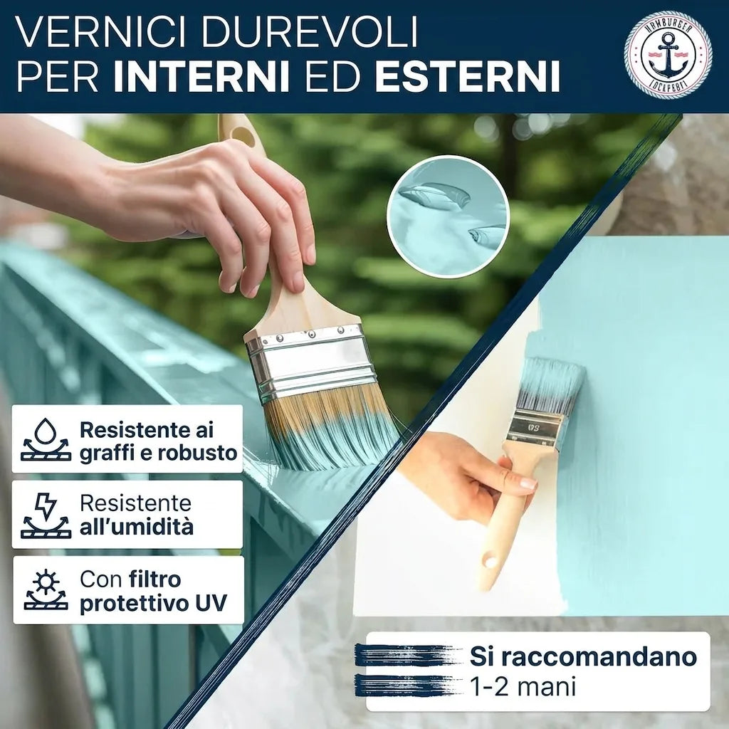 Vernice durevole blu chiaro per interni/esterni, antigraffio, resistente all'umidità e UV. Consigliate 1-2 mani.