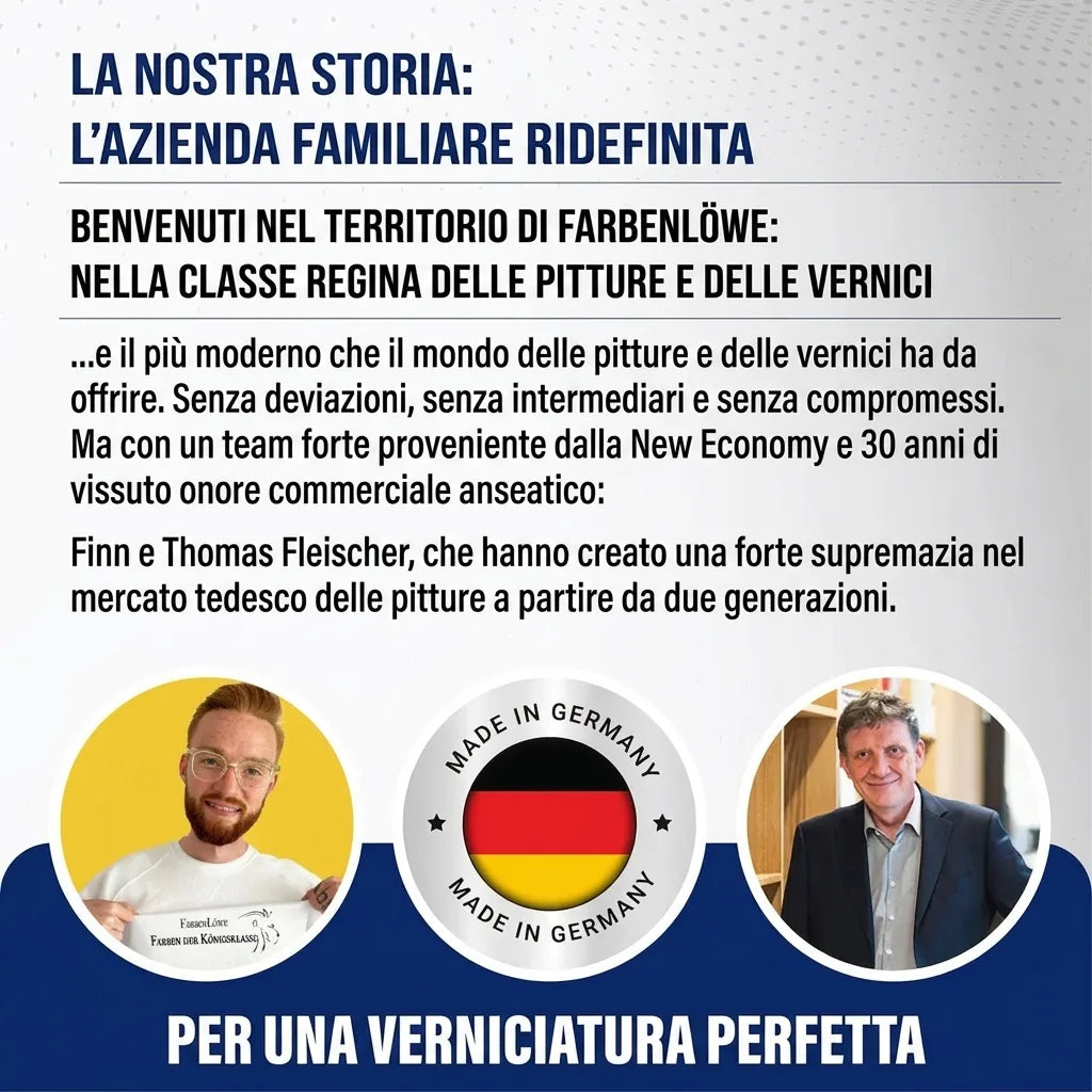 Storia di FarbenLöwe, pittura di qualità superiore Made in Germany. Ridefinire l'impresa familiare. Ritratto di Finn e Thomas Fleischer.