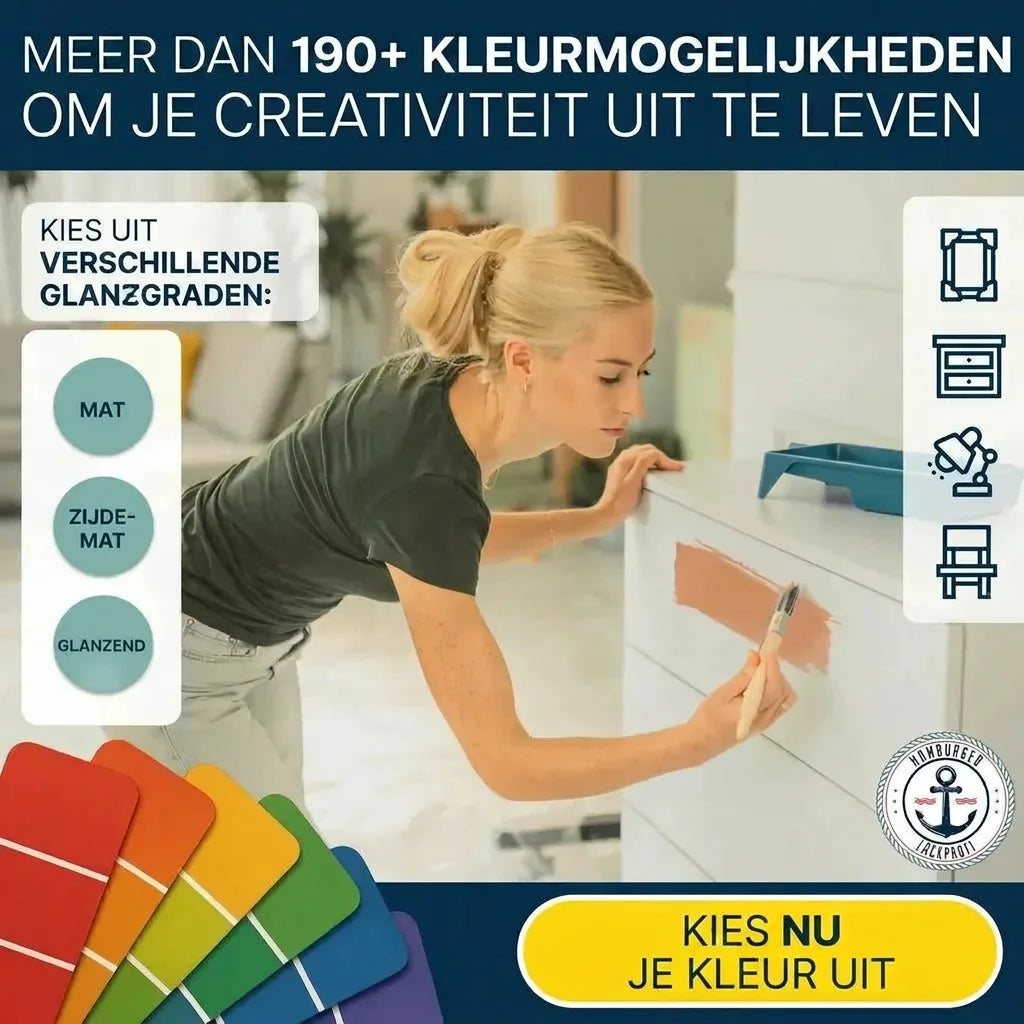 Vrouw schildert meubelstuk, toont 190+ kleuren, verschillende glansgraden (mat, zijde-mat, glanzend) en toepassingen.