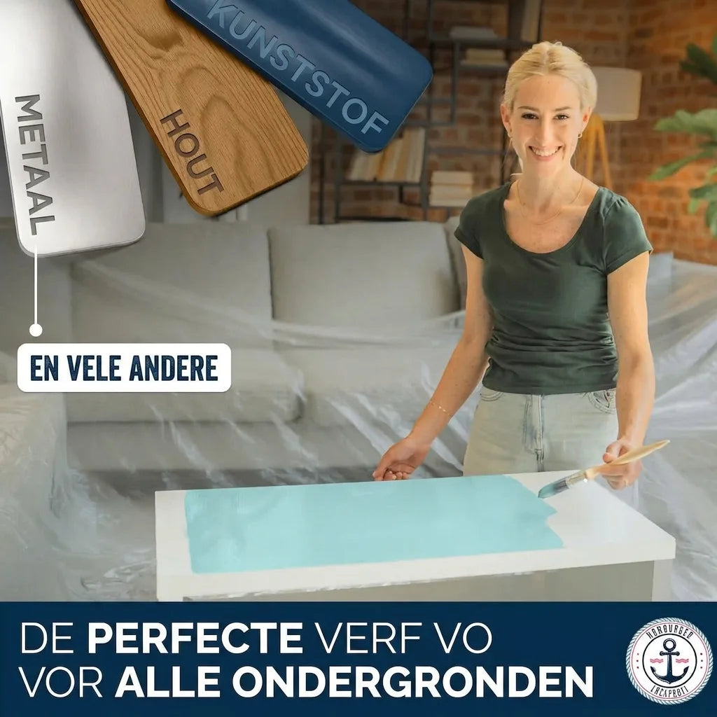 Vrouw verft een tafel lichtblauw. Veelzijdige verf voor metaal, hout, kunststof en alle ondergronden.