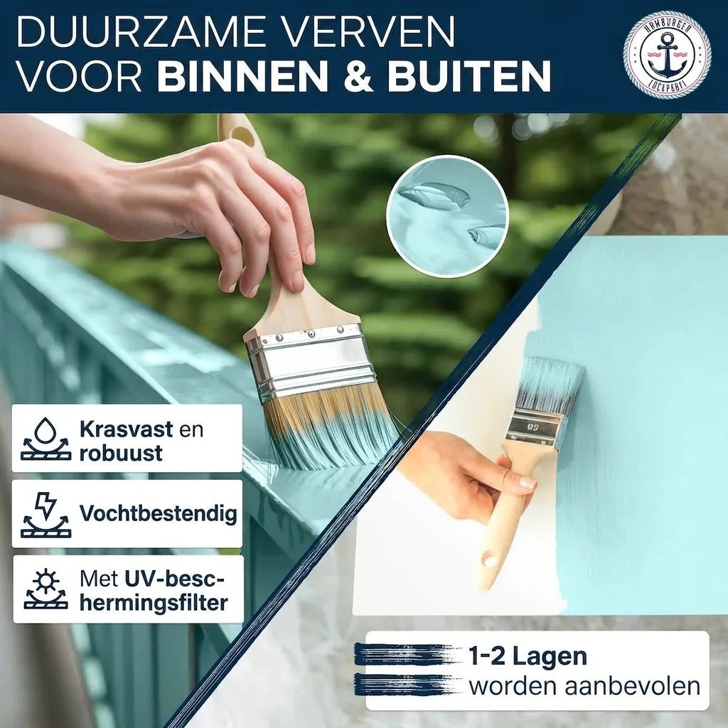 Duurzame verf voor binnen en buiten. Krasvast, vochtbestendig, met UV-filter. Aanbevolen: 1-2 lagen.
