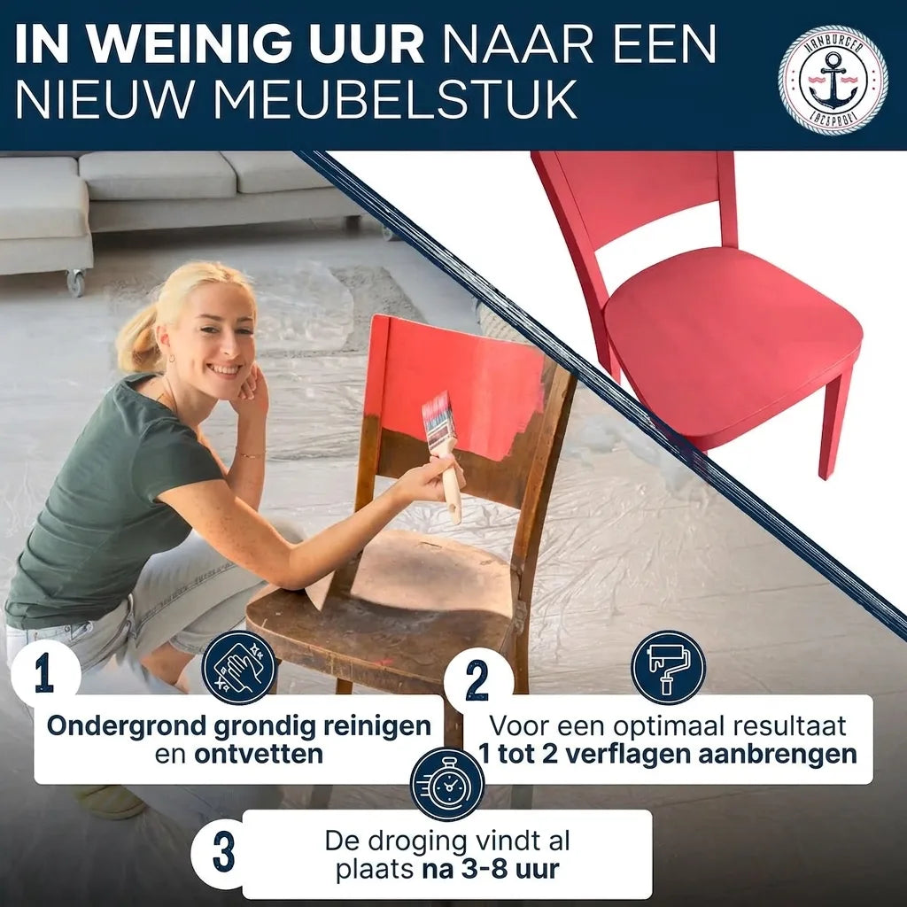 Vrouw schildert stoel rood. Drie stappen voor snelle meubelrenovatie: reinigen, 1-2 lagen verf, droogtijd 3-8 uur.