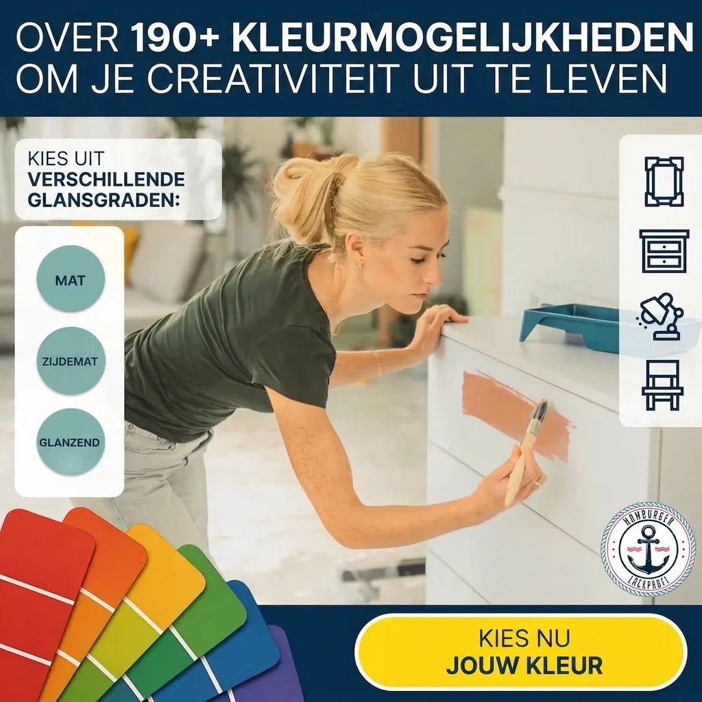 Vrouw schildert kastje. Meer dan 190 verfkleuren en glansgraden zoals mat, zijdemat en glanzend.