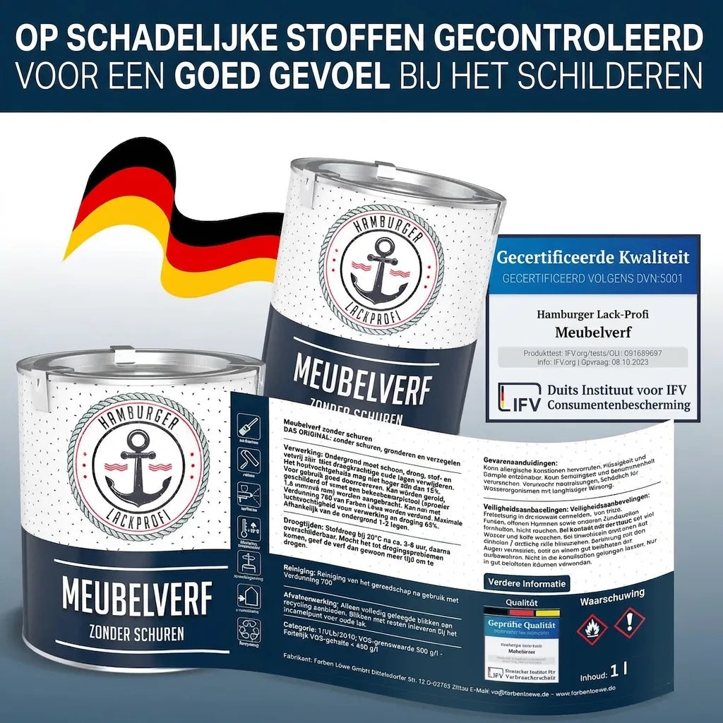 Twee blikken Hamburger Lack-Profi meubelverf. Prominente Duitse tekst: milieuvriendelijk, goede kwaliteit, zonder schuren.