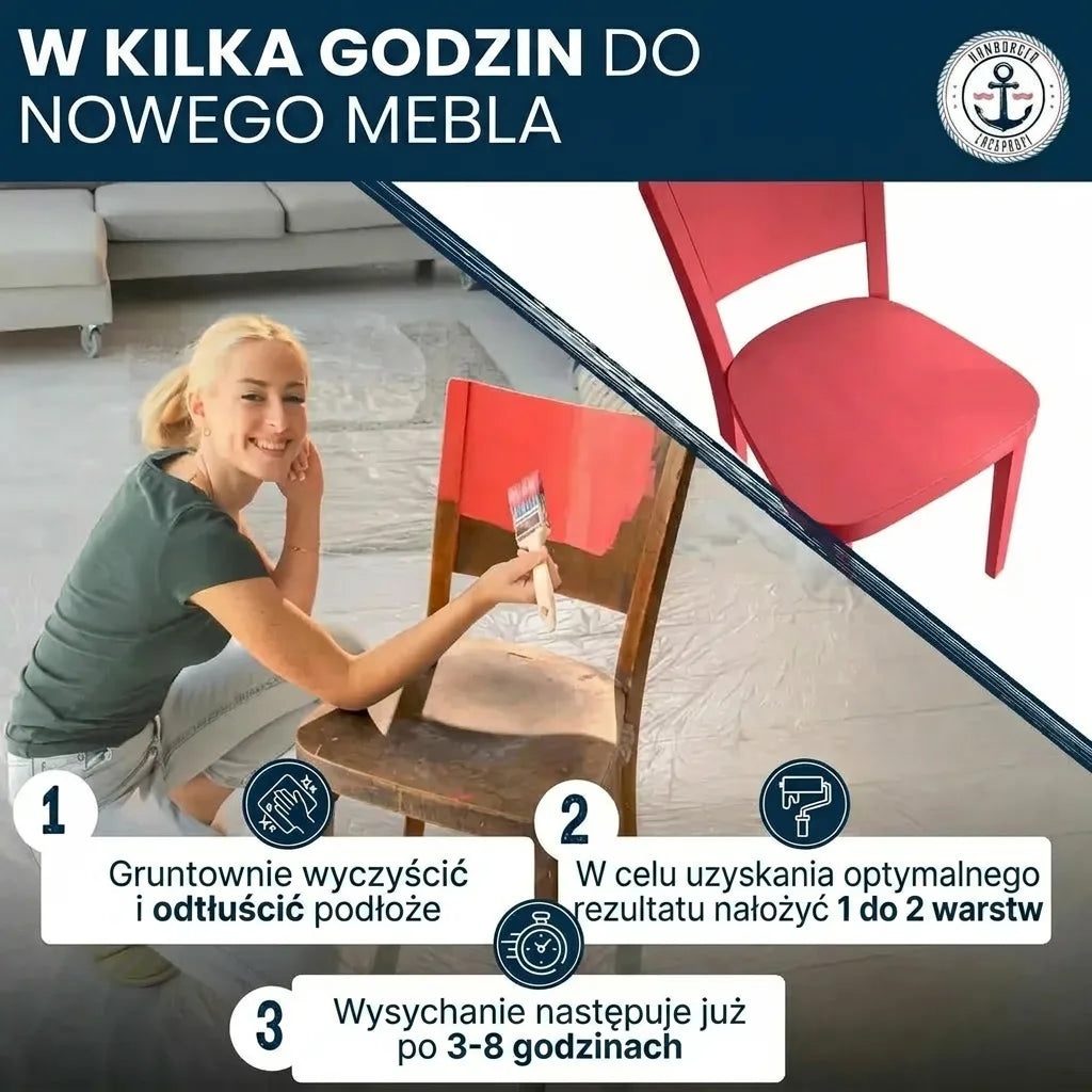 Kobieta maluje krzesło na czerwono, instrukcja renowacji mebli w 3 krokach.