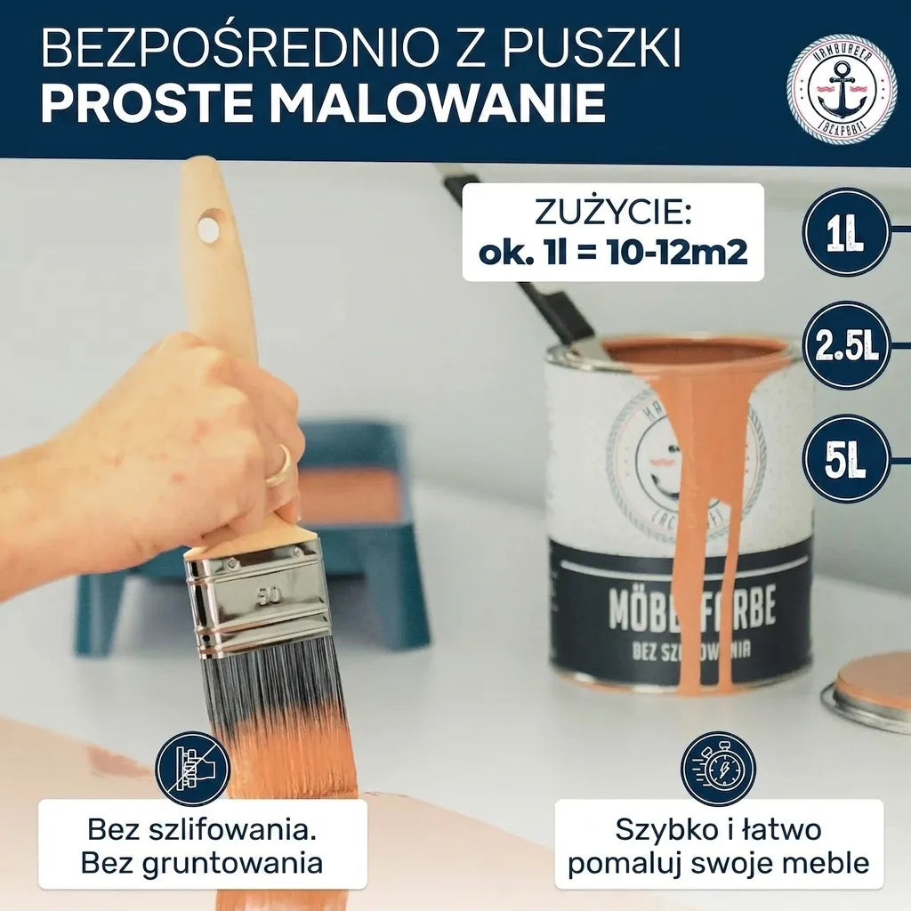 Osoba malująca meble. Puszka pomarańczowej farby do mebli. Tekst: Bez szlifowania i gruntowania, wydajność ok. 1L/10-12m².