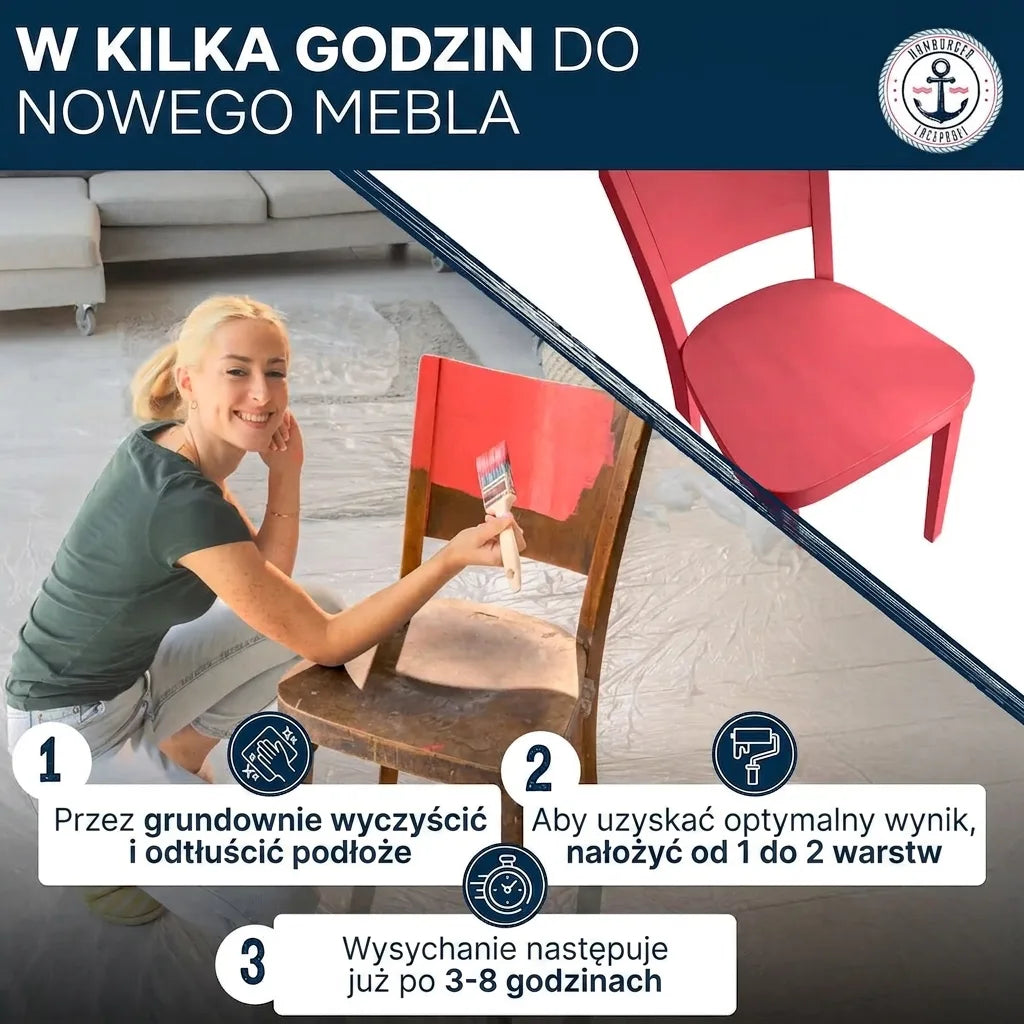 Kobieta maluje stare krzesło na czerwono, obok gotowe krzesło. Instrukcja: czyszczenie, 1-2 warstwy, schnięcie 3-8h.