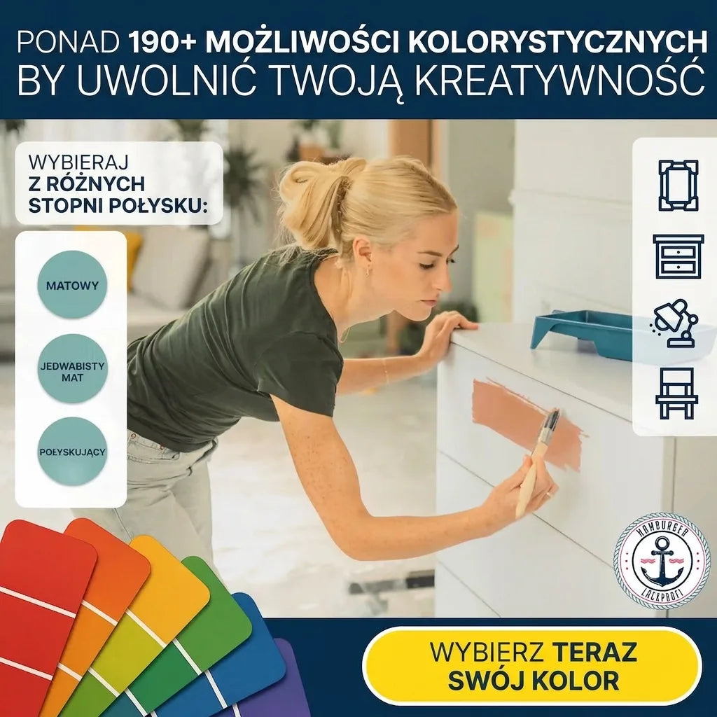 Młoda kobieta malująca komodę, wybór z ponad 190 kolorów i stopni połysku farby.
