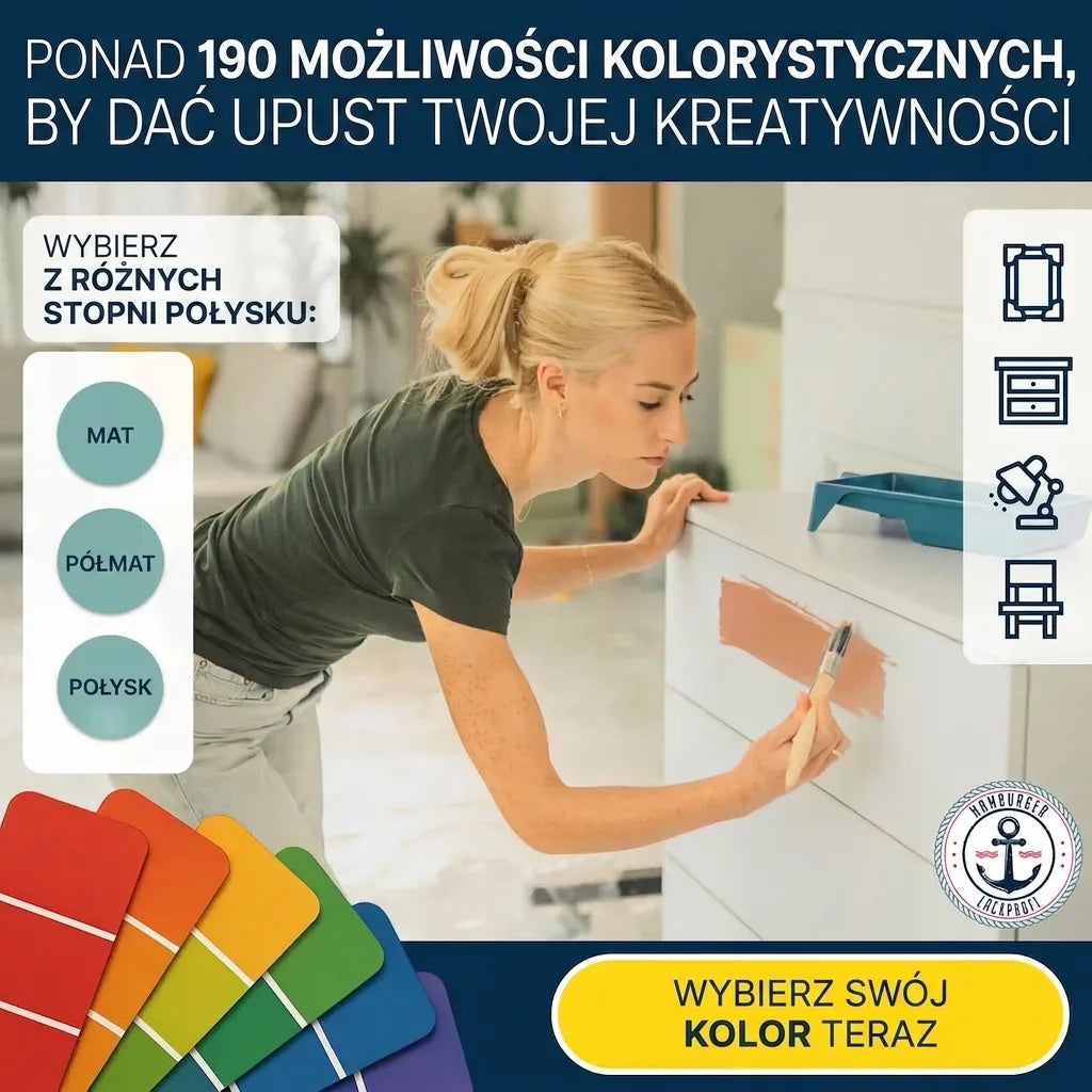 Kobieta malująca komodę, paleta kolorów, opcje połysku i ikony mebli. Wybierz swój kolor farby.
