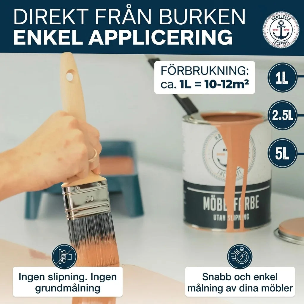 Hand målar möbler med pensel från en burk möbelfärg. Kräver ingen slipning eller grundning.