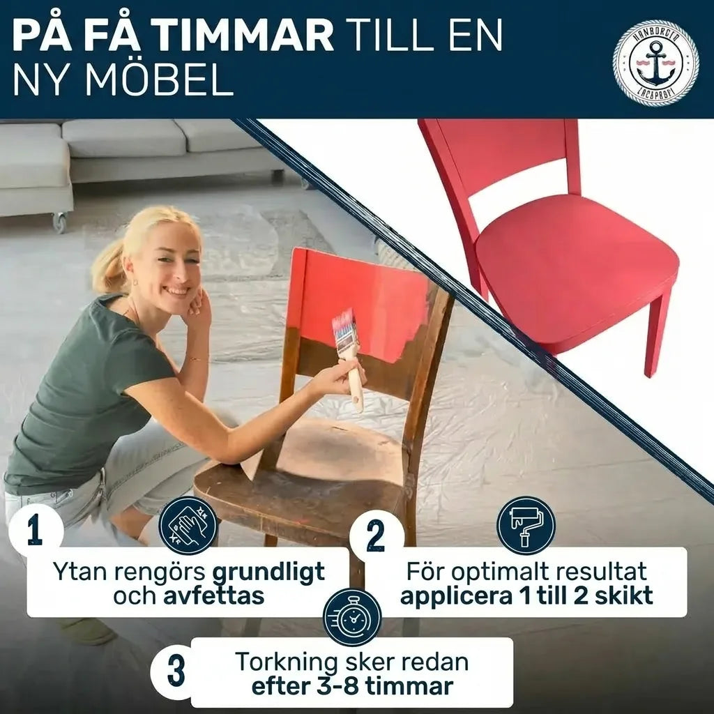 Kvinna målar en stol röd, visar före och efter, med instruktioner för möbelrenovering.
