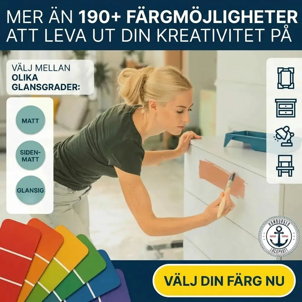 Kvinna målar byrå med rosa färg. Bilden visar färgprover, 190+ färgalternativ och olika glansgrader.