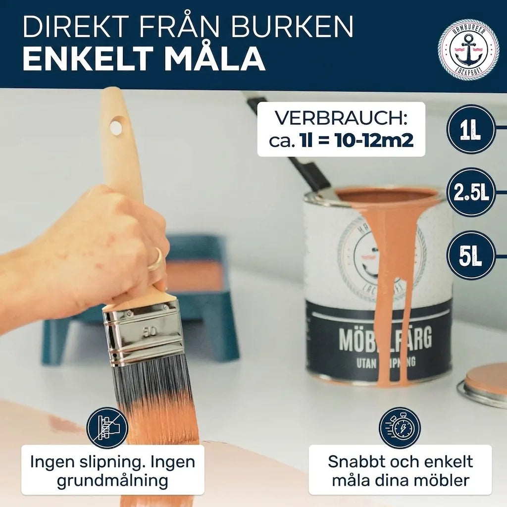 Hand målar möbler med pensel och färgburk. Enkel möbelfärg utan slipning, ingen grundfärg behövs. 1L täcker 10-12m².